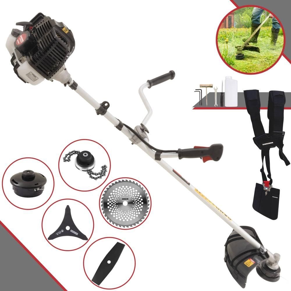 Roçadeira Robusta Kawashima KW52-LE À Gasolina 52cc 2,5HP 10.000rpm Com Carretel + Faca 2 Pontas + Faca 3 Pontas + Faca 40 Dentes de Vídea + Trimmer