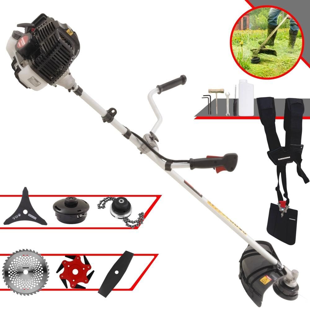 Roçadeira Kawashima KW52LE À Gasolina 2,5HP 52cc Com Lâmina Facão + Lâmina 3 Pontas + Lâmina 6 Pontas + Disco 40 Dentes + Trimmer + Carretel de Nylon