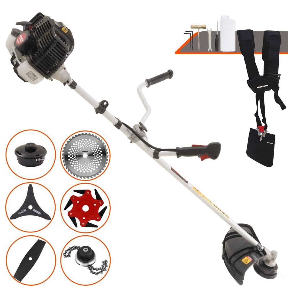 Roçadeira Profissional Completa Kawashima KW52-LE À Gasolina 2T 52cc 2,5HP de Potência Alta Rotação Com Carretel de Nylon + Kit 5 Lâminas de Cortes