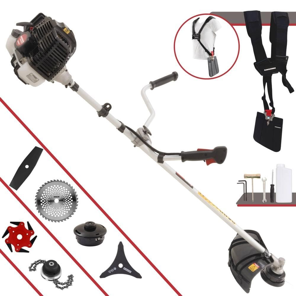 Roçadeira À Gasolina Kawashima KW52LE 52cc 2,5HP Alta Rotação Com Cabeçote de Nylon + Facas 2 Pontas, 3 Pontas, 6 Pontas, 40 Dentes de Vídea e Trimmer