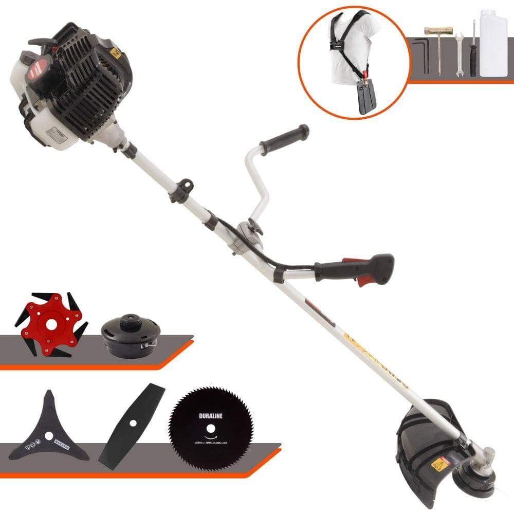 Roçadeira Cortador de Grama Kawashima KW52LE À Gasolina 2T 52cc 2,5HP Com Carretel + Faca 2 Pontas + Faca 3 Pontas + Faca 6 Pontas e Faca 80 Dentes