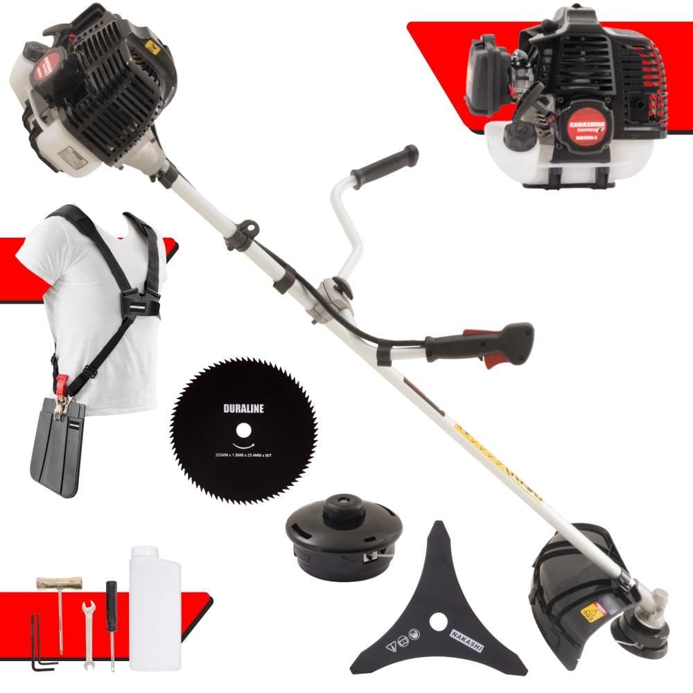 Roçadeira À Gasolina Kawashima KW52LE 52cc 2,5HP de Potência 2 Tempos Alta Rotação Completa Com Carretel Nylon + Faca 3 Pontas + Faca 80 Dentes 255mm