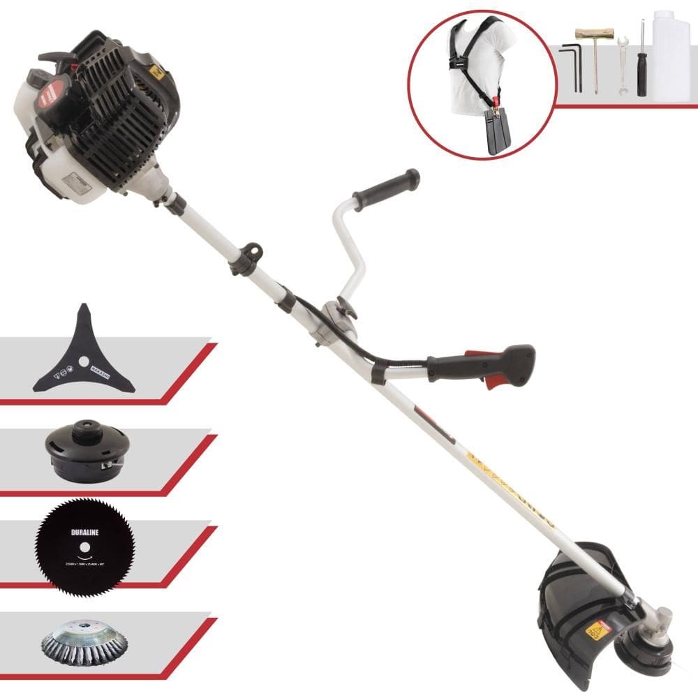 Roçadeira Profissional Kawashima KW52LE À Gasolina 52cc 10.000rpm 2,5HP 4 Opções de Corte Com Faca 3 Pontas, Faca 80 Dentes, Escova de Aço e Carretel