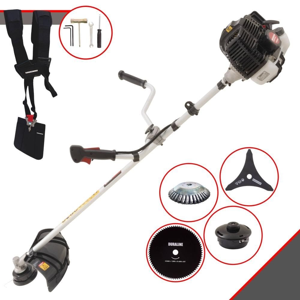 Roçadeira Robusta Kawashima KW52LE À Gasolina 2T 52cc 2,5HP 4 Opções de Corte Com Lâmina 3 Pontas, Lâmina 80 Dentes, Escova de Aço e Carretel de Nylon