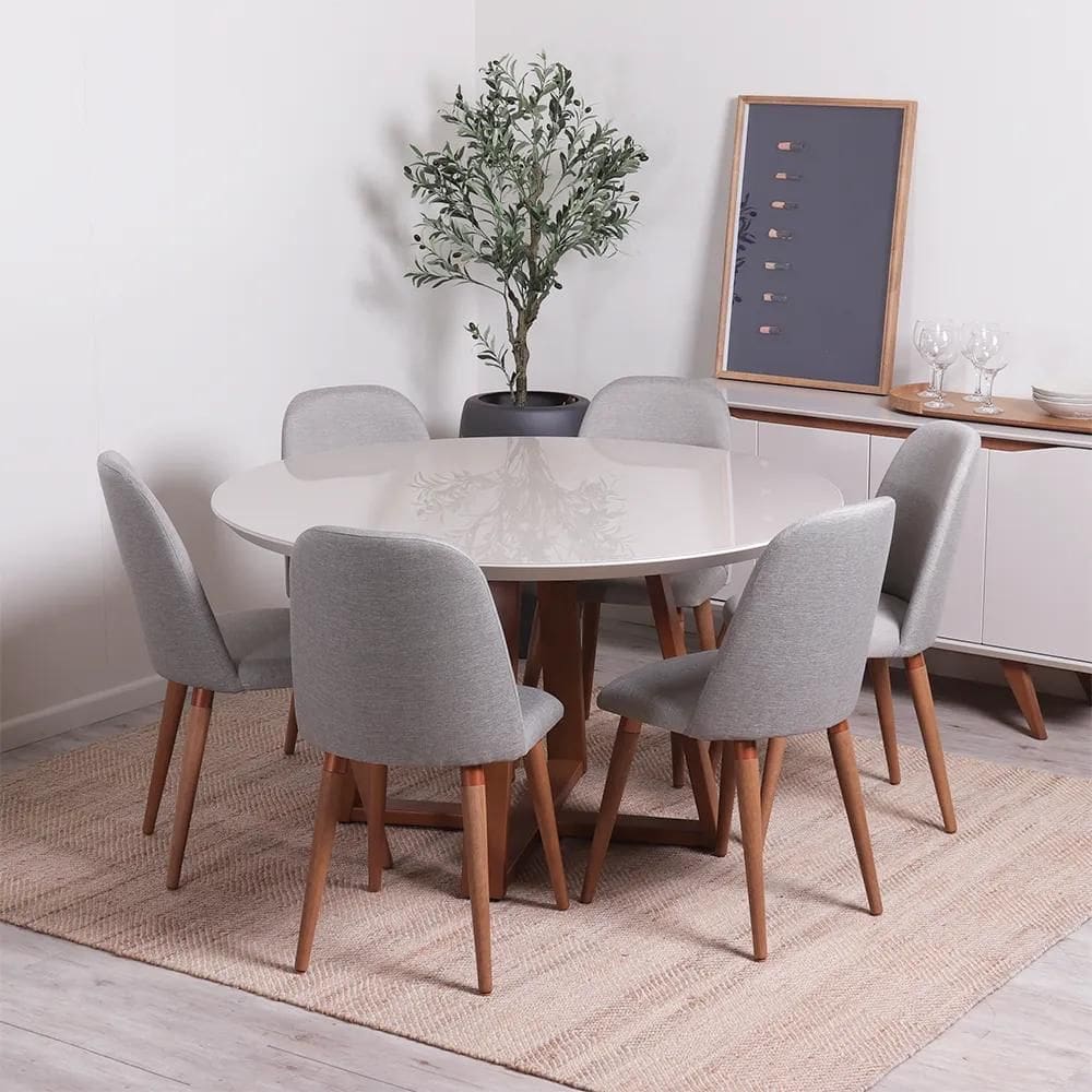 Conjunto de Jantar Mesa Redonda com Vidro Bennett 6 Cadeiras New Drop - Natural c/ Cinza