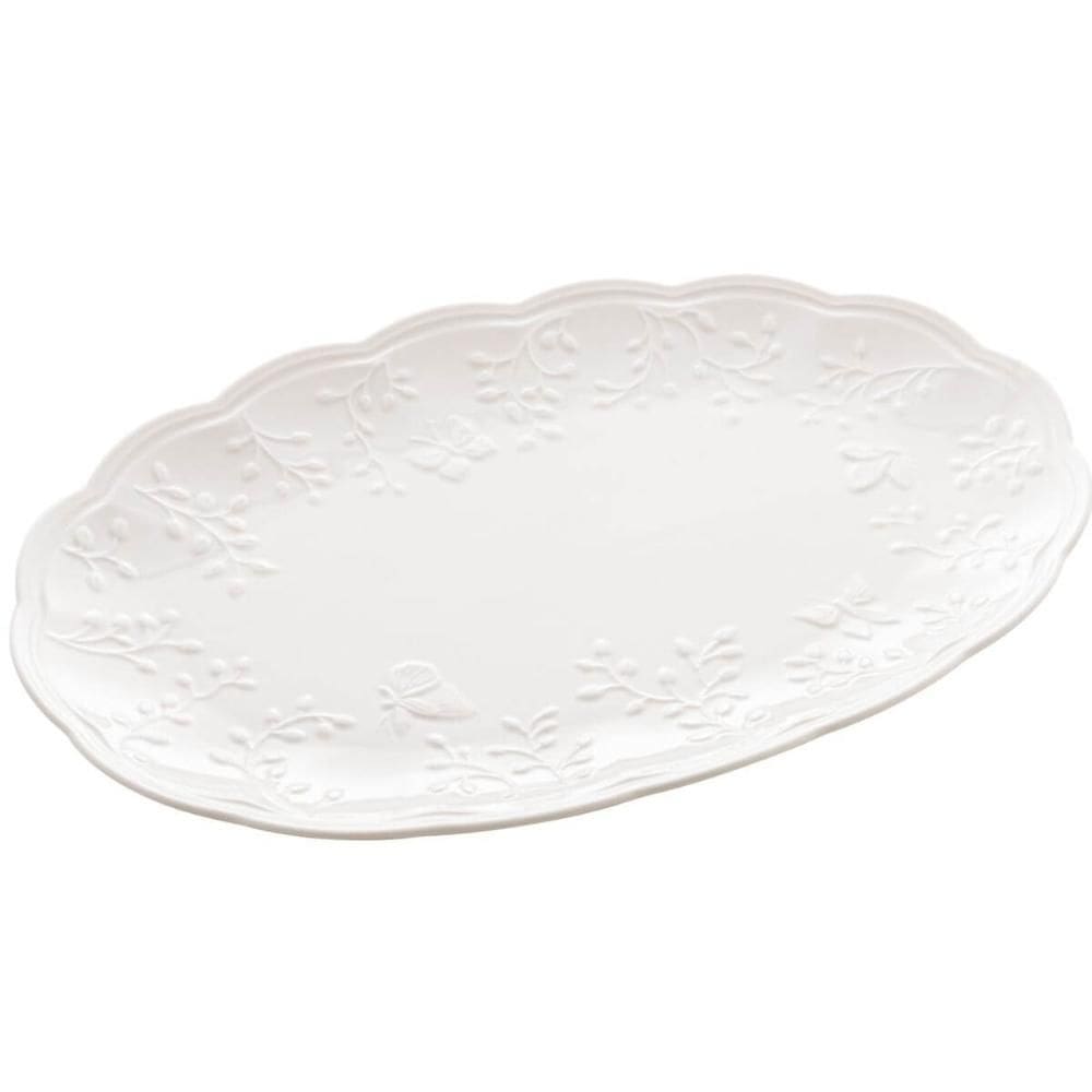 Travessa de Porcelana Branca 36,5x24x3cm Lyor New Bone Butterfly Flower Bandeja de Servir