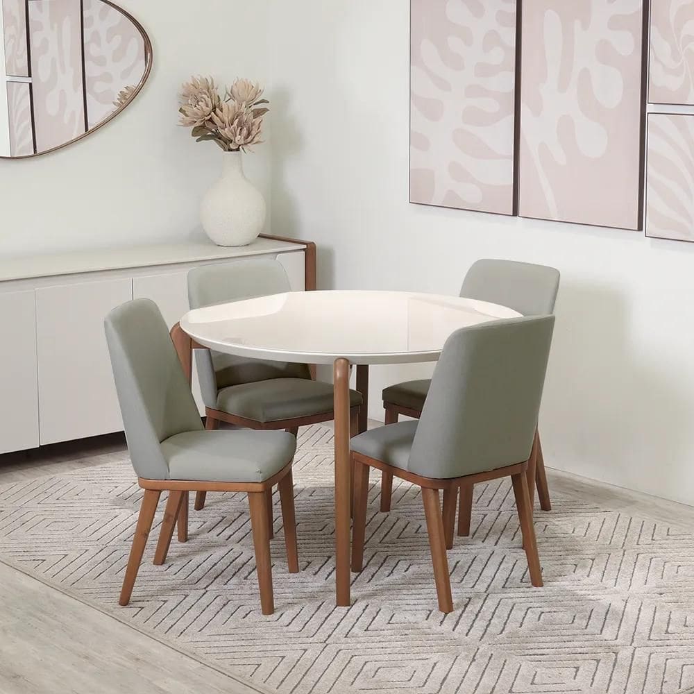 Conjunto de Jantar Mesa Redonda com Vidro Donatella 4 Cadeiras Kalina - Natural c/ Carbono