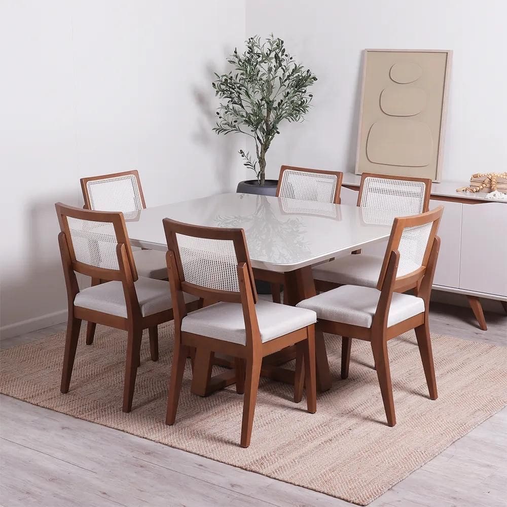Conjunto de Jantar Mesa Quadrada com Vidro Bennett 6 Cadeiras com Palinha Saga - Natural c/ Mescla Cru