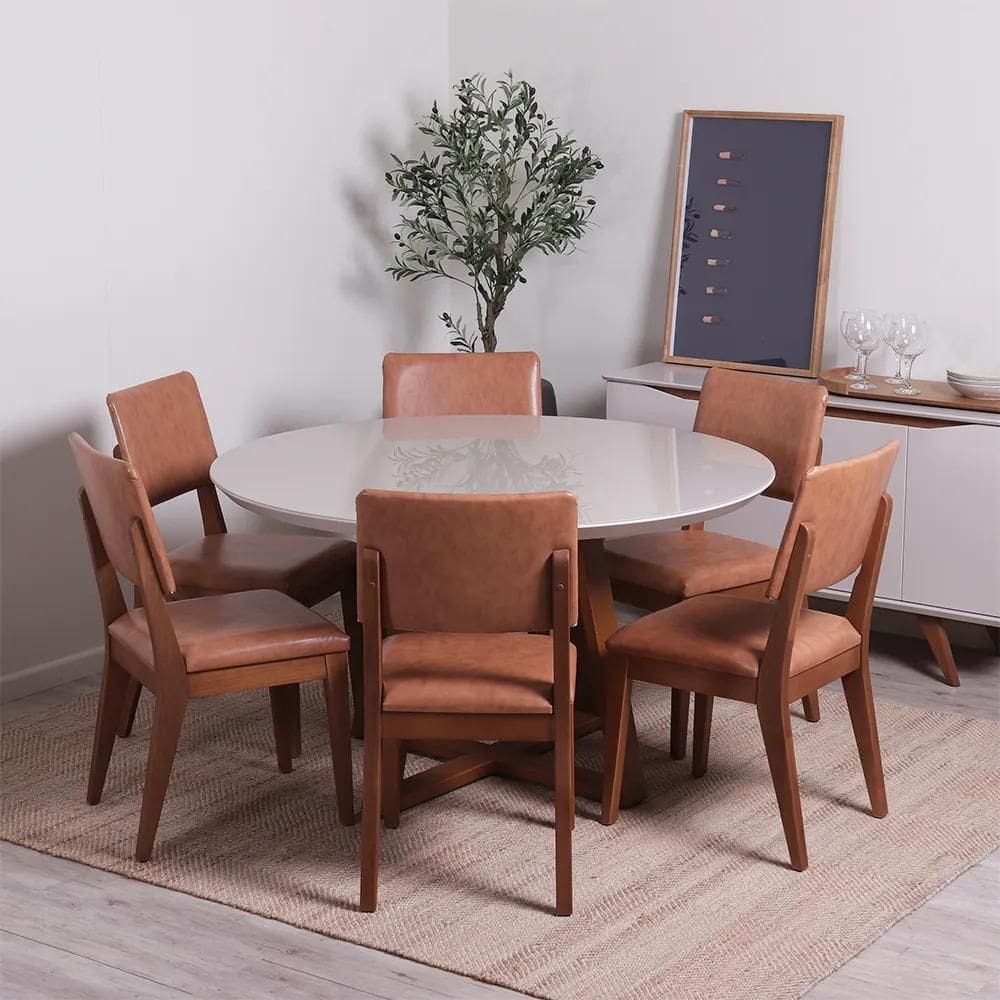 Conjunto de Jantar Mesa Redonda com Vidro Bennett 6 Cadeiras Ella - Natural c/ Caramelo