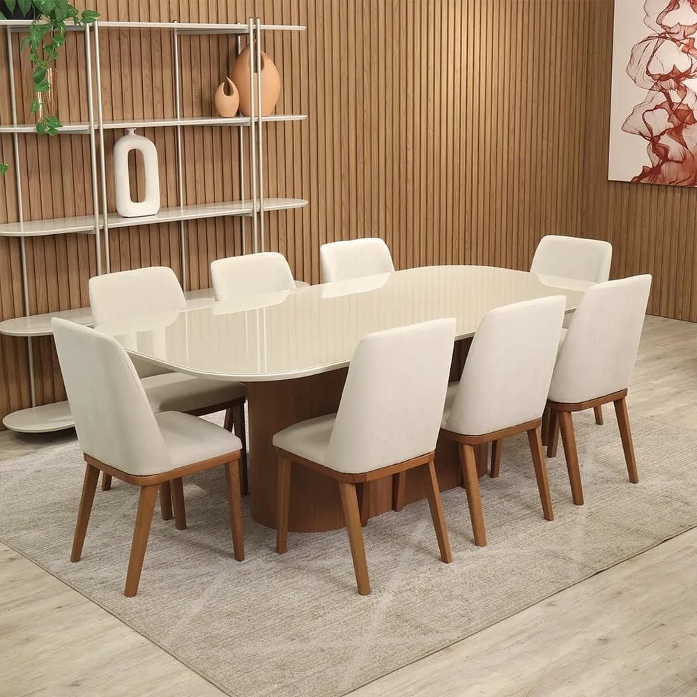 Conjunto de Jantar Mesa Retangular com Vidro 8 Cadeiras Kalina - Canella c/ Off White