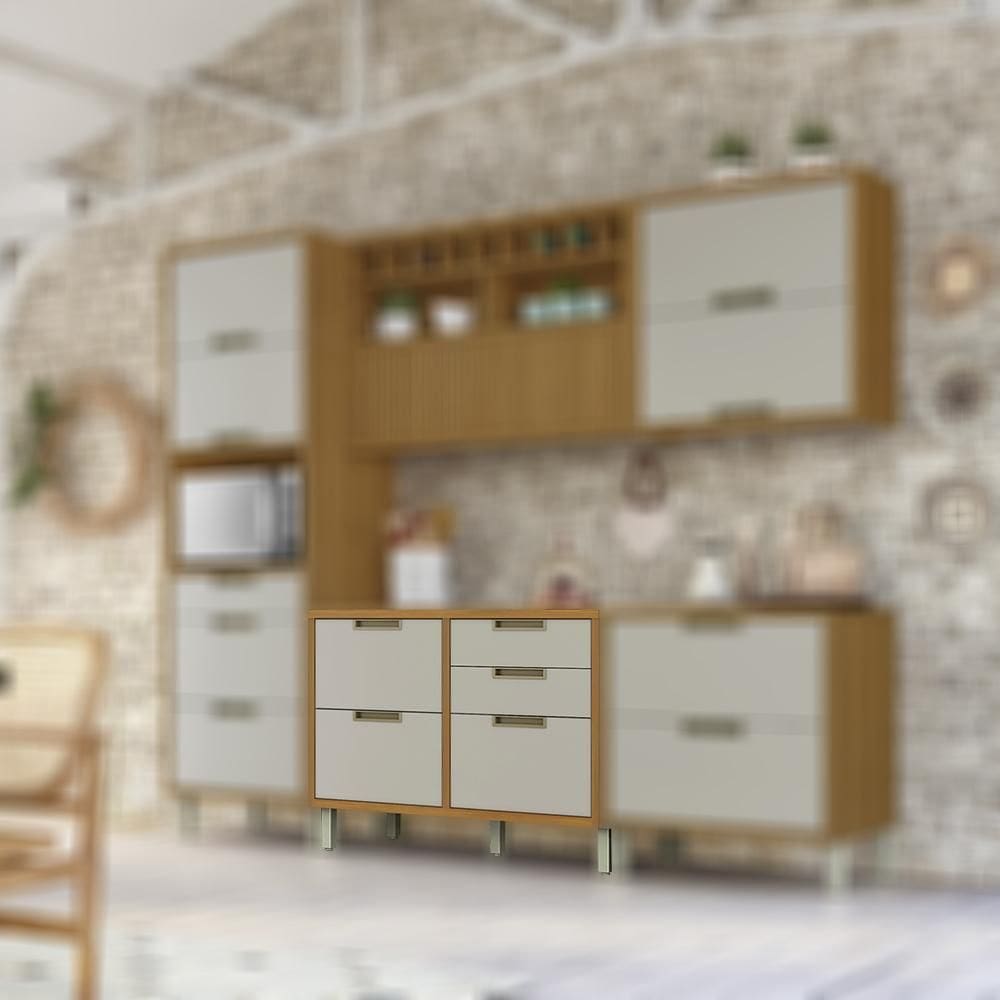 Balcão Armário Cozinha 1 Porta 4 Gavetas Marrom Off White