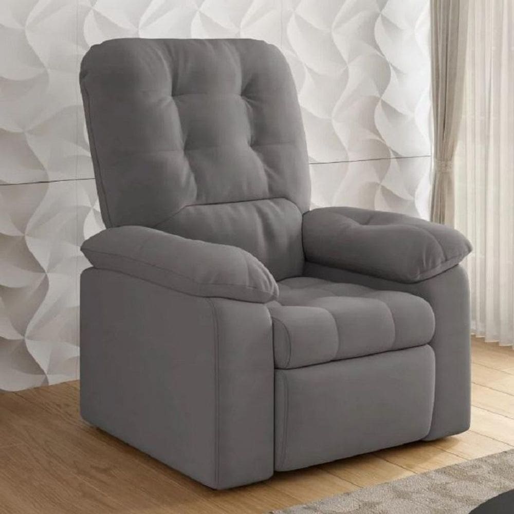 Poltrona Do Papai Reclinável Suede Veludo Estoril Cinza