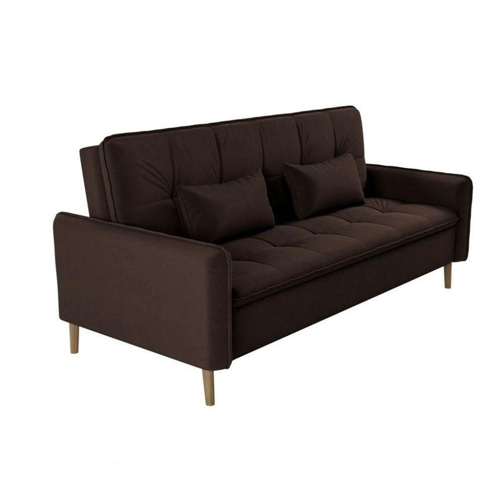 Sofá Cama 3 Lugares Casal Premium Reclinável Com Almofadas 2,06 Larg Donna Matrix Veludo Marrom