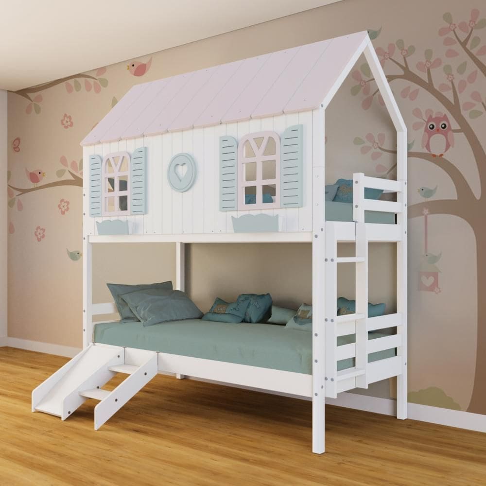 Beliche Casinha Bela com Coração Kit Escada/Escorregador - Madeira Maciça Branco/Rosa/Verde | Megamobilia