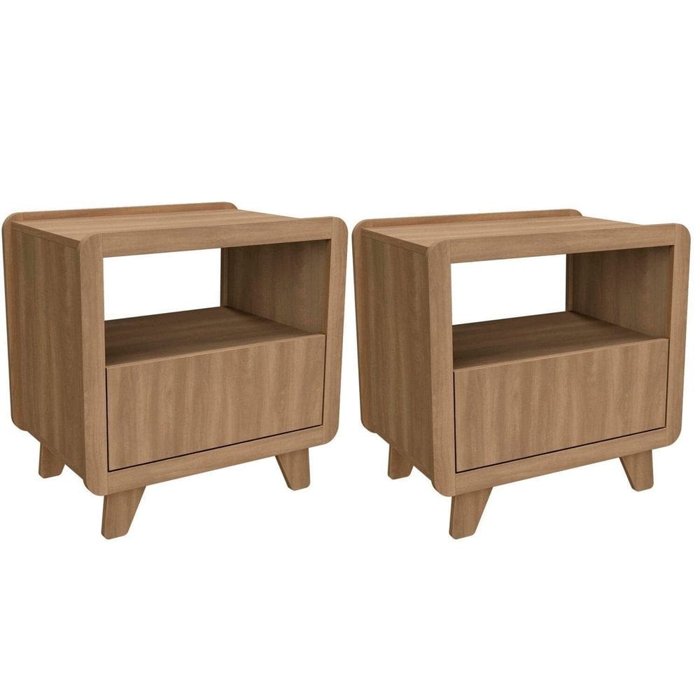 Conjunto 2 Mesas de Cabeceira 55cm com Gaveta e Nicho 100% Mdf Padrão Planejados Mabel Louro Freijó Grann
