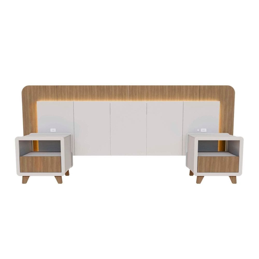 Cabeceira Casal Queen com 2 Mesas de Cabeceira Led 3000k e Tomadas 100% Mdf Mabel Branco/ Louro Freijó Grann