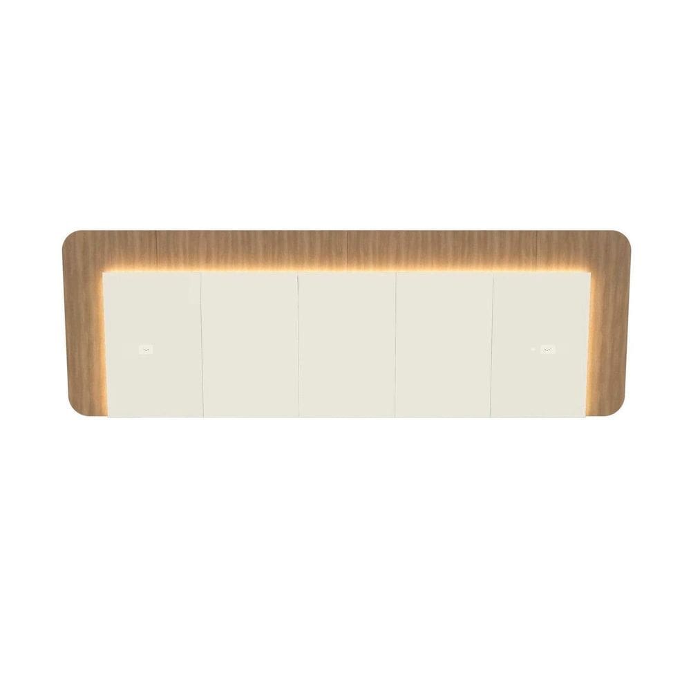 Cabeceira Casal Queen 272cm com Led 3000k e Tomadas 100% Mdf Padrão Planejados Mabel Off White / Louro Freijó Grann
