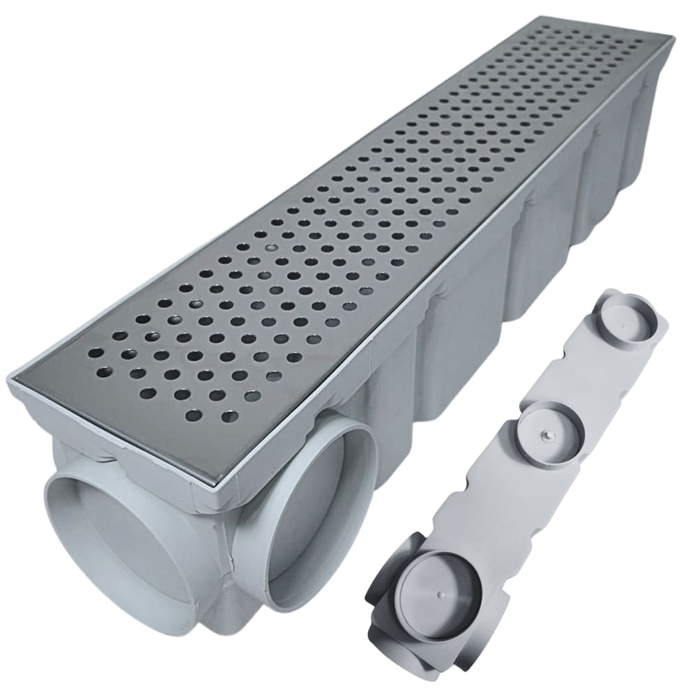 Ralo Quintal 10x50 Inox Perfurado Coletor Cinza Saídas 75mm Borda de Piscina