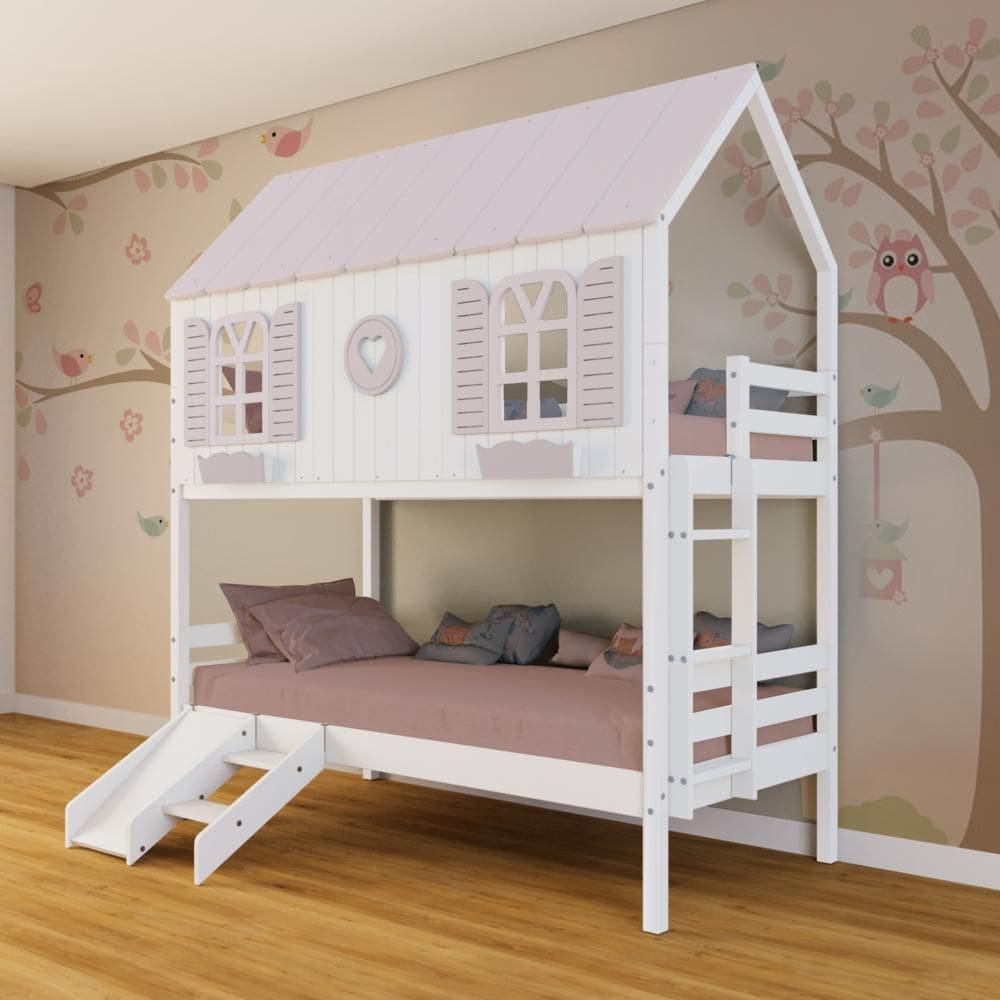 Beliche Casinha Bela com Coração Kit Escada/Escorregador - Madeira Maciça Branco/Rosa | Megamobilia