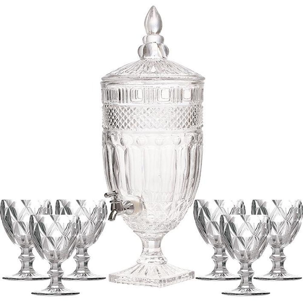 Kit Suqueira Cristal 4,5L +Taças Água Diamante Total 7 Peças