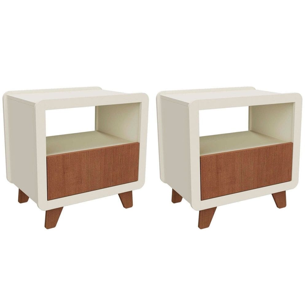 Conjunto 2 Mesas de Cabeceira 55cm com Gaveta e Nicho 100% Mdf Padrão Planejados Mabel Off White / Castanho