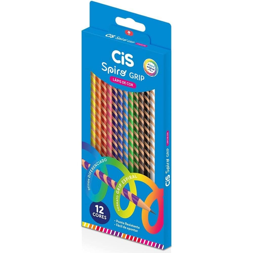 Lápis de Cor CIS Spiro Grip – Estojo com 12 Cores – Corpo em Madeira com Entalhe Espiral – Mina Macia de 3mm – Cores Vib
