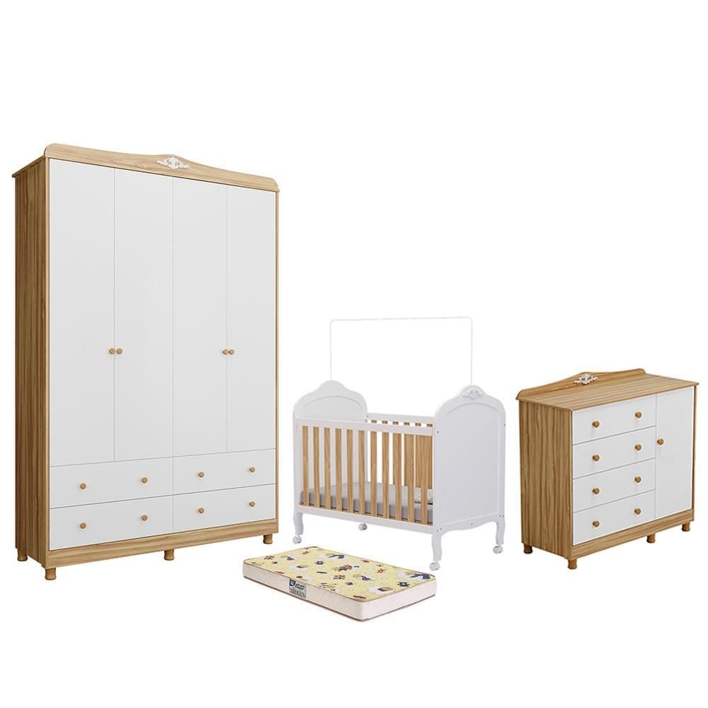 Dormitório Infantil Elô Guarda Roupa, Cômoda e Berço com Colchão Supreme - Móveis Peroba