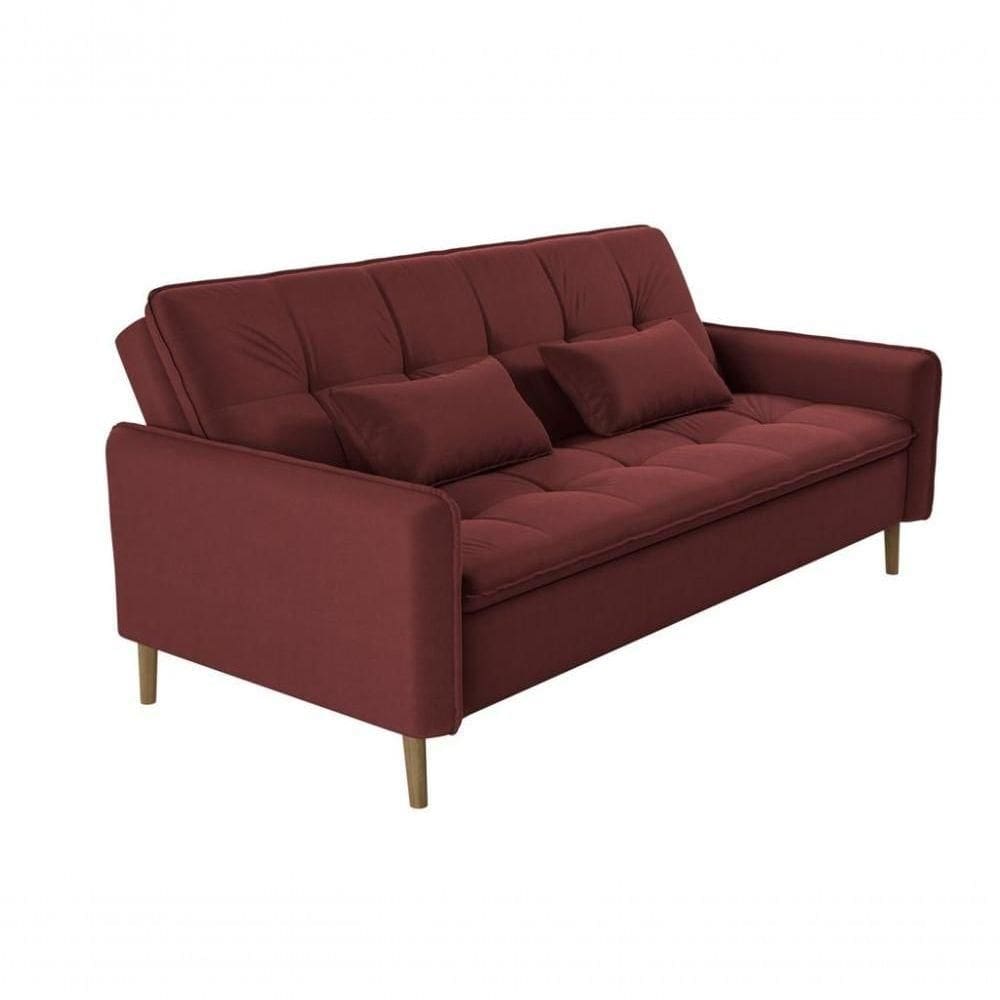 Sofá Cama 3 Lugares Casal Premium Reclinável Com Almofadas 2,06 Larg Donna Matrix Veludo Vinho