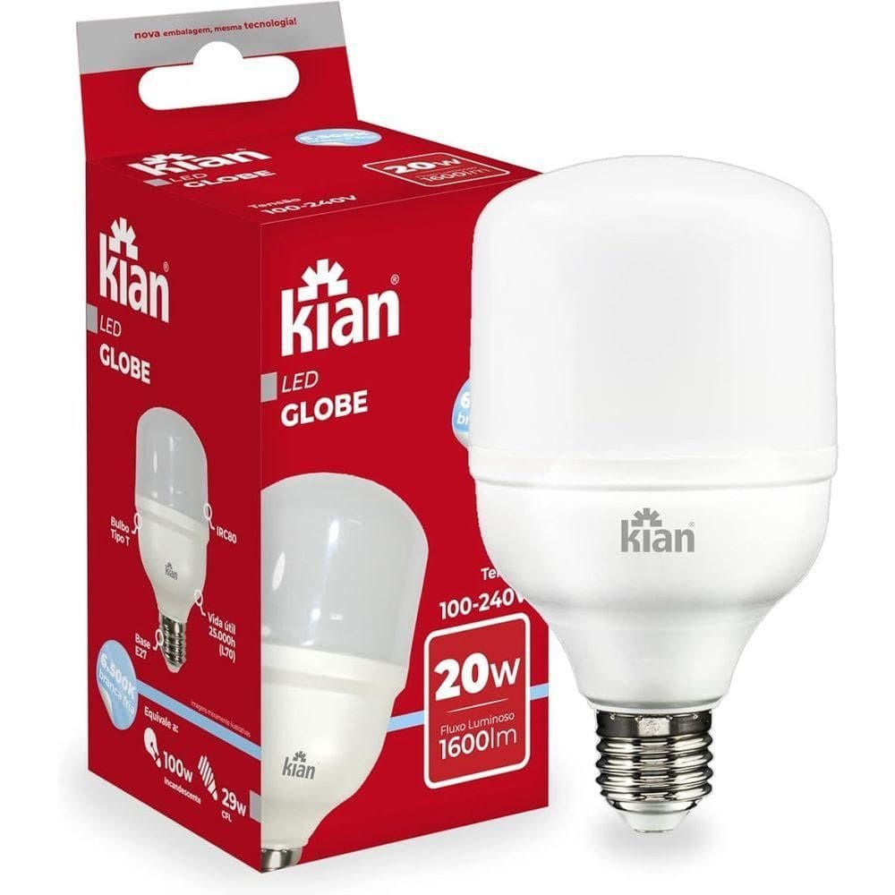 Lâmpada Led Globe Kian Base E-27 20w 6.5k Bivolt