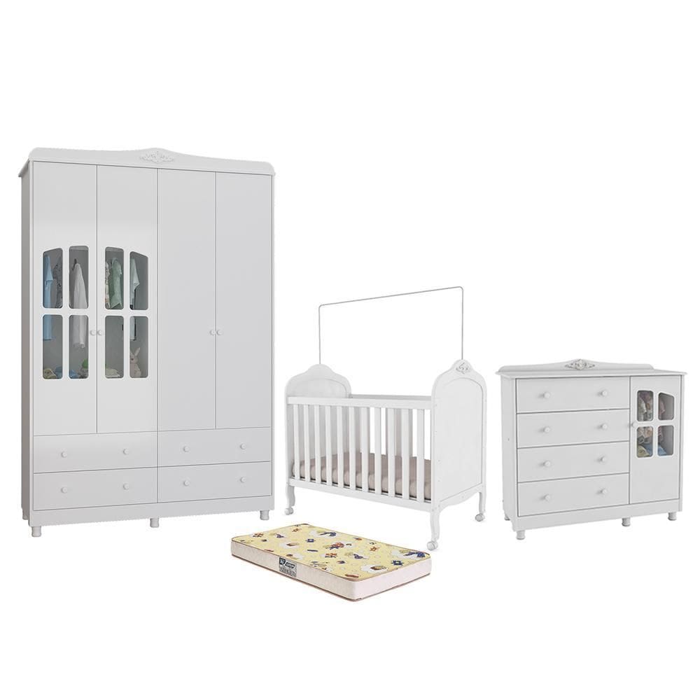 Dormitório Infantil Elô Janelas Guarda Roupa, Cômoda e Berço com Colchão Supreme - Móveis Peroba
