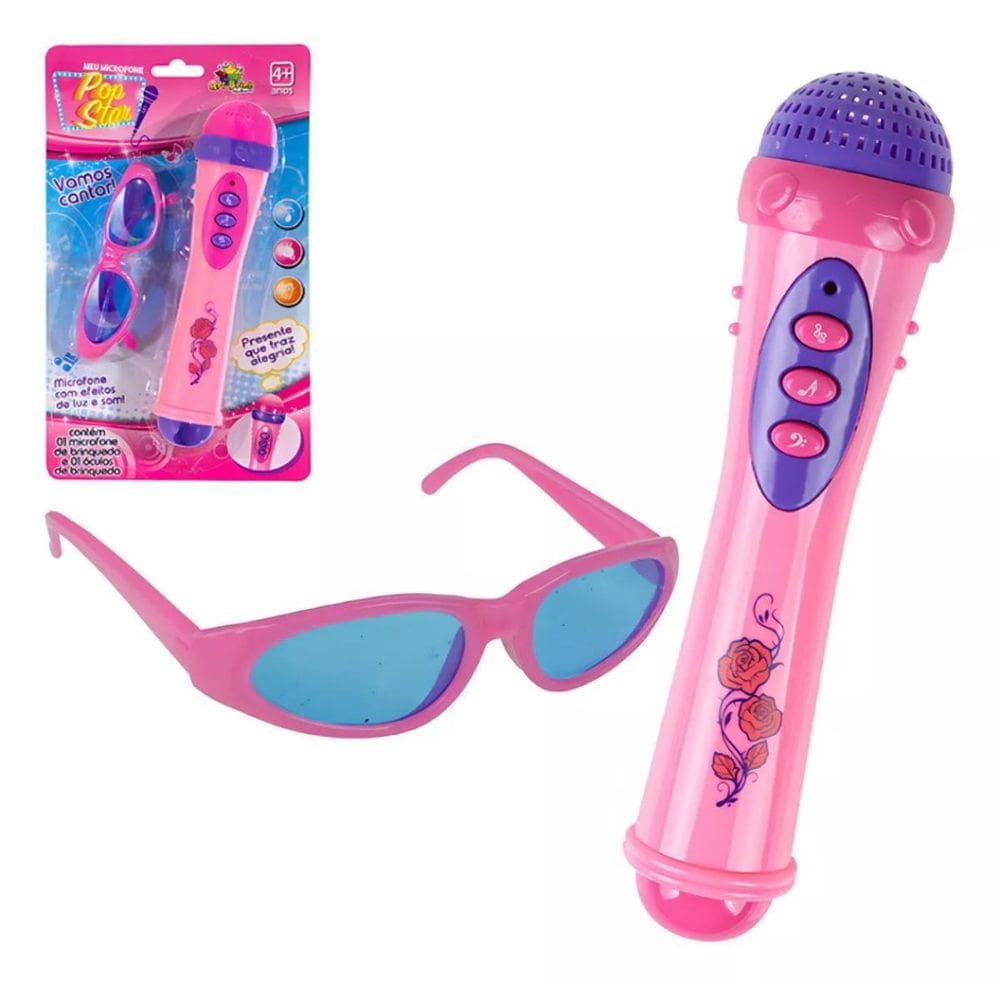 Microfone com Óculos Infantil Brinquedo Menina Pop Star Toca Música e Voz Karaokê