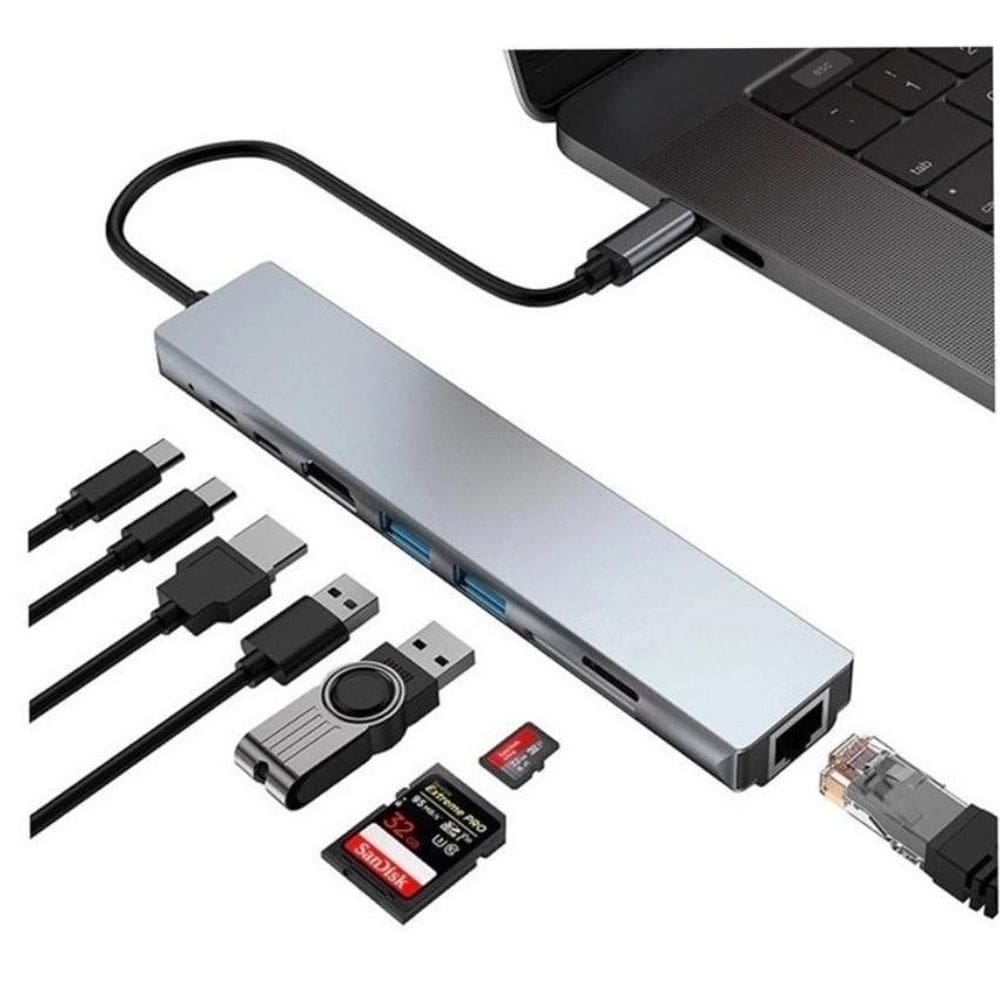 Hub Dock Station Usb Type-C 10Gbps 8X1 Hdmi 4k Lan Usb 3.0 Leitor SD