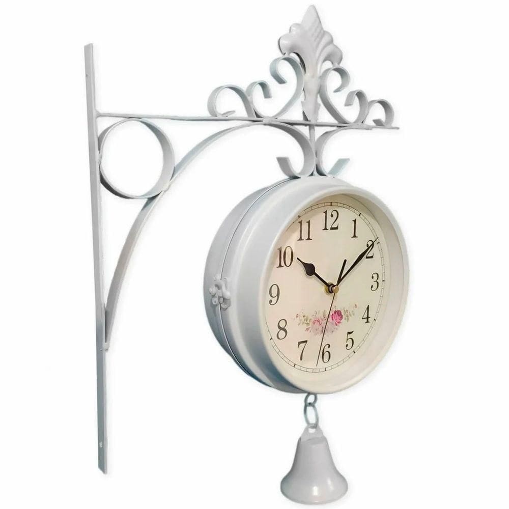 Relógio Retrô Com Sino Estação Trem Dupla Face Floral Branco