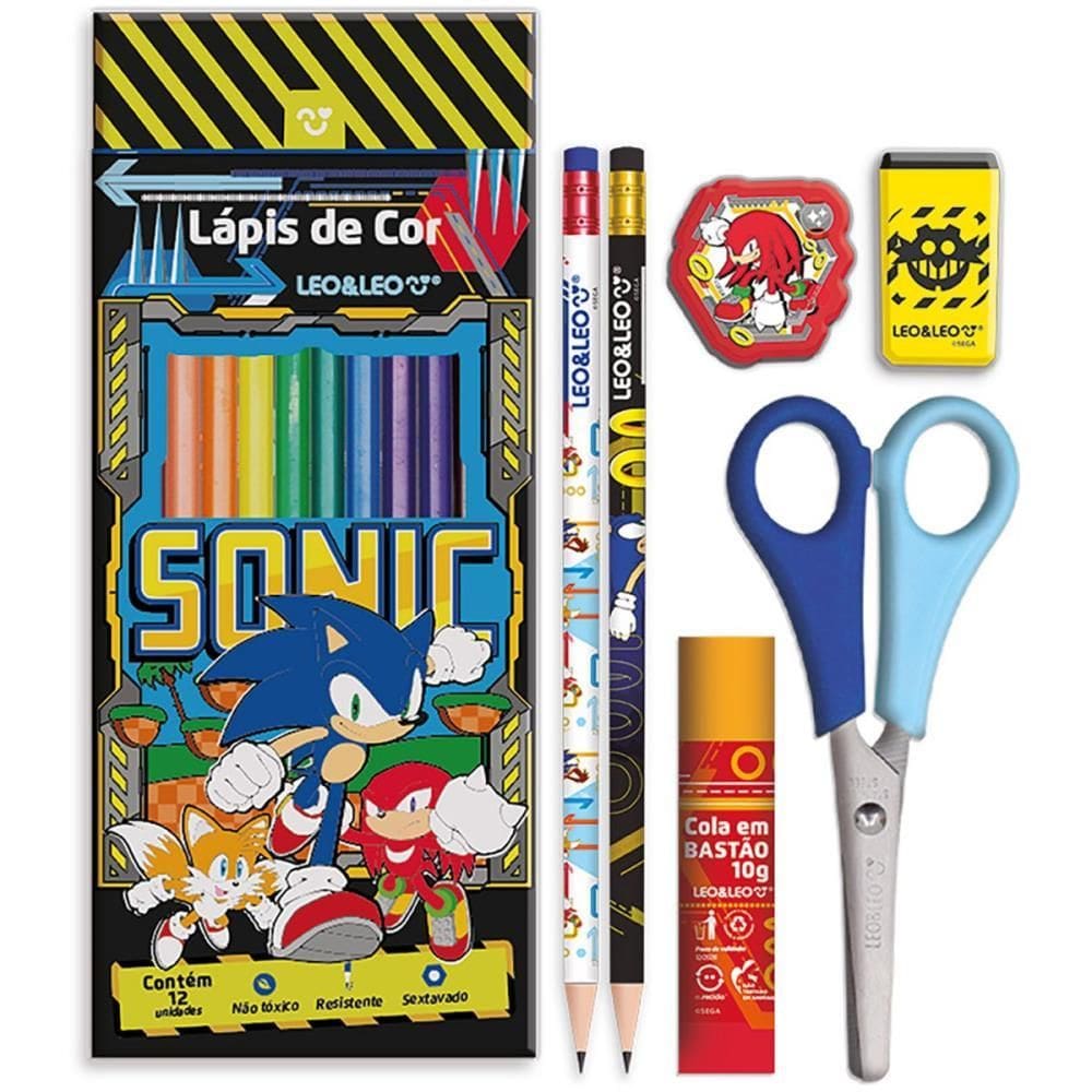 Kit Escolar Sonic 12 Lápis de Cores + 6 Peças - Leonora