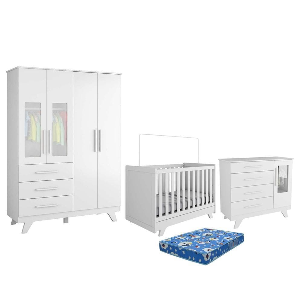 Dormitório Infantil Retrô Janelas Guarda Roupa, Cômoda e Berço com Colchão Baby Physical - Móveis Peroba