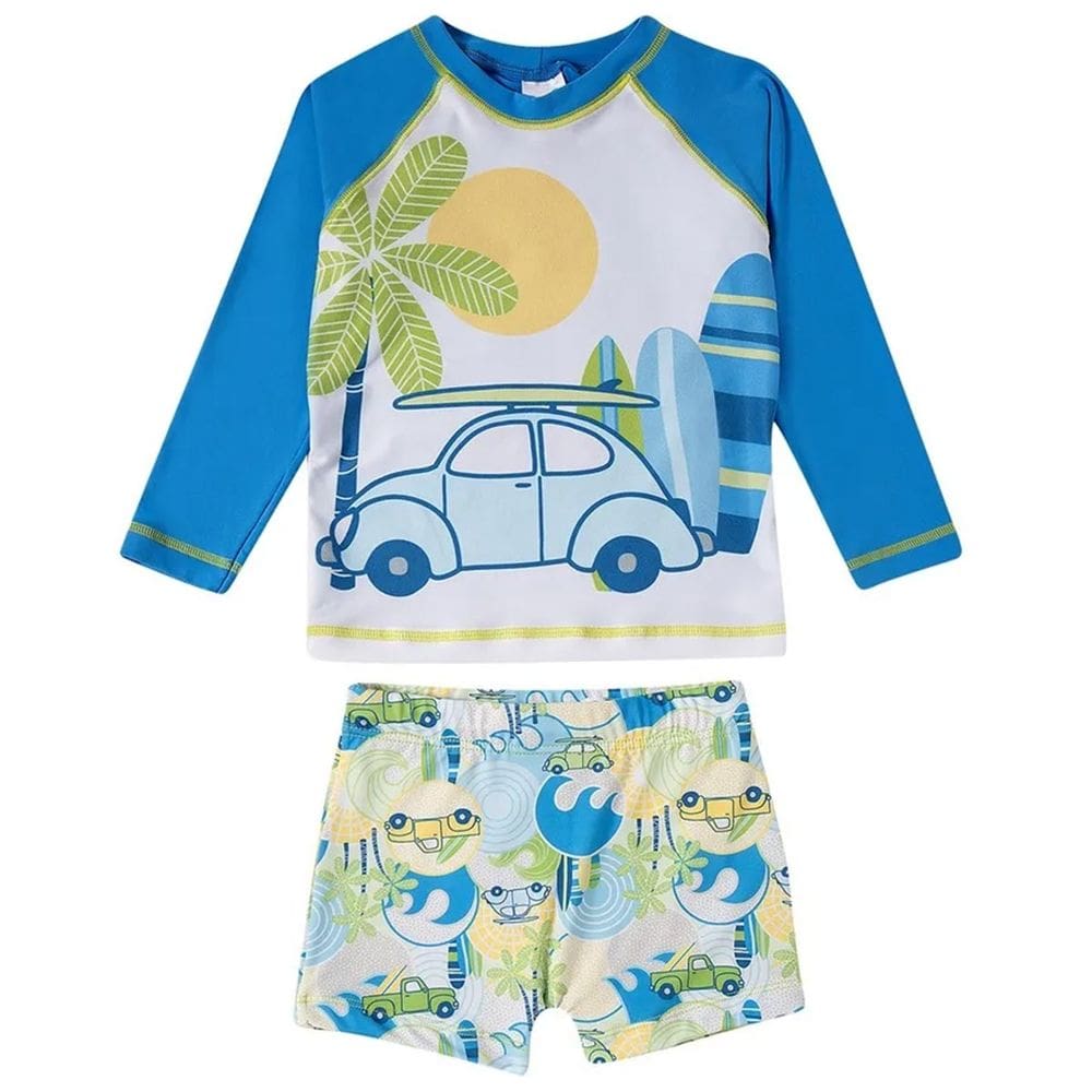 Conjunto Praia Infantil Proteção UV 50+ Ondas Surf Azul Tip Top