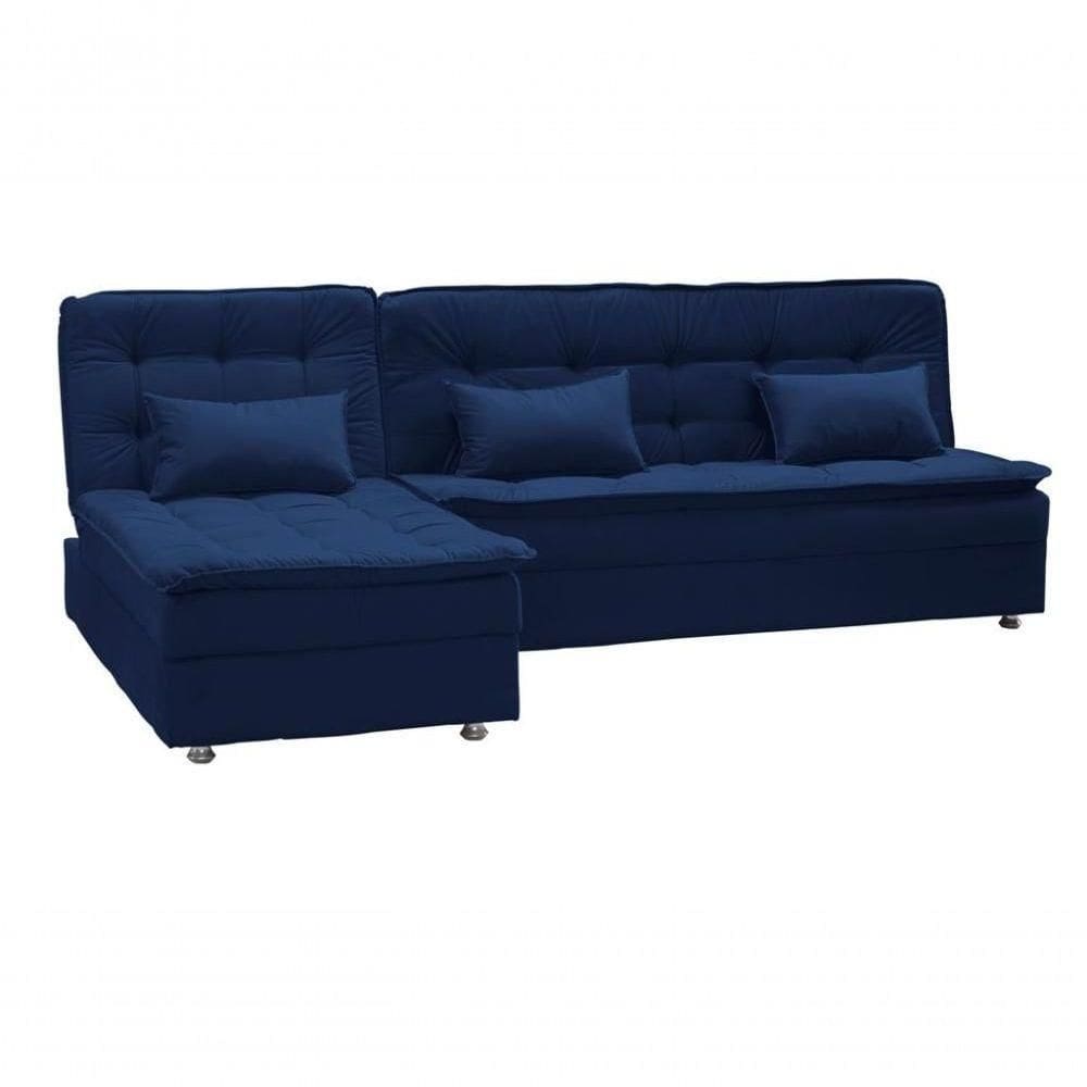 Conjunto Sofá Cama 3 Lugares Com Pillow Top E Chaise Penelope Matrix Suede Azul