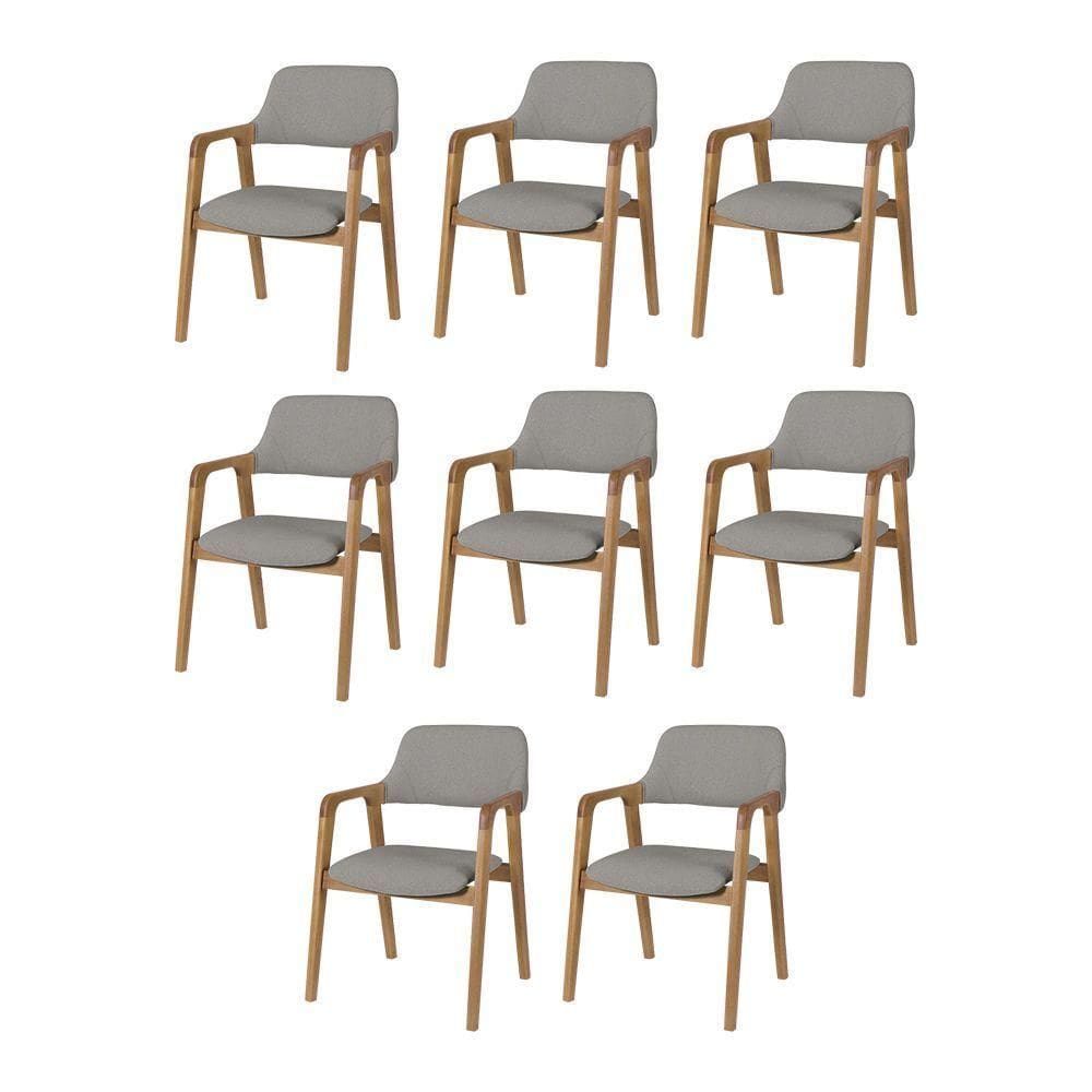 Conjunto 8 Cadeiras De Jantar Ruth Estrutura Em Madeira Maciça Estilo Retrô Linho Cinza