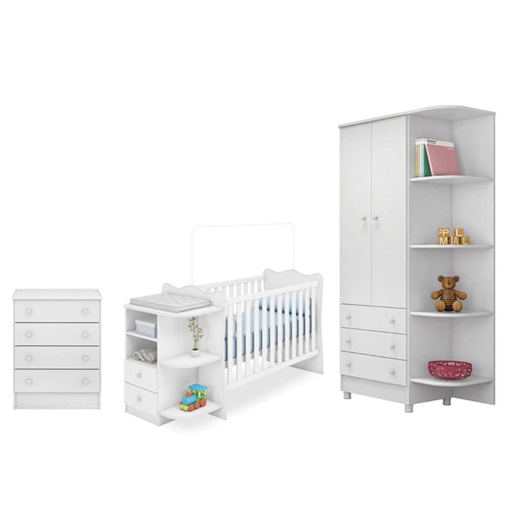 Jogo de Quarto Infantil Doce Sonho Berço Cantoneira com Colchão Branco - Qmovi