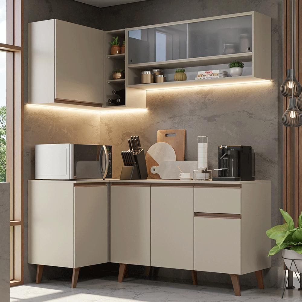 Armário De Cozinha Completa De Canto 265 Cm Nice Madesa 02 Crema