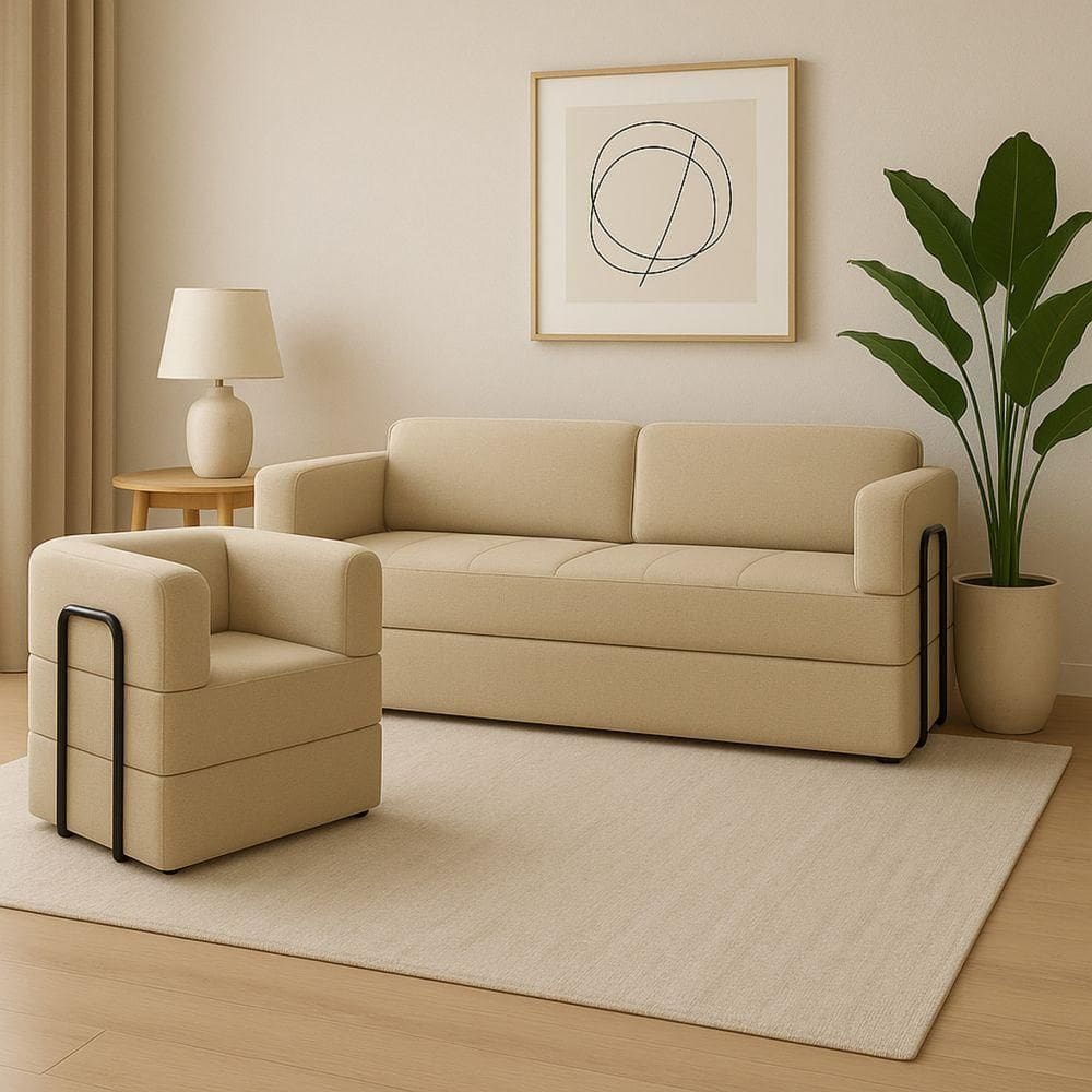 Kit Sofá E Poltrona Na Caixa Modular Dubai Para A Sala Bege