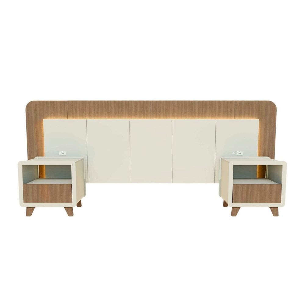 Cabeceira Casal Queen com 2 Mesas de Cabeceira Led 3000k e Tomadas 100% Mdf Mabel Off White / Louro Freijó Grann