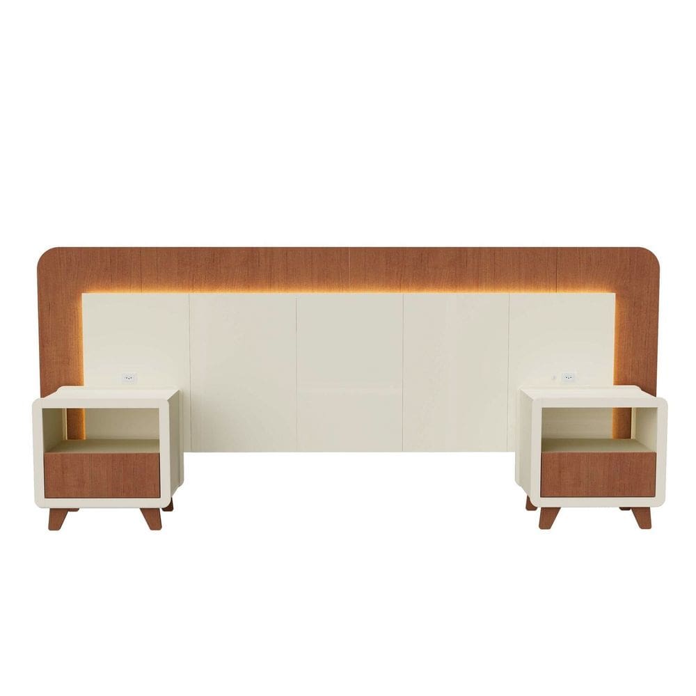 Cabeceira Casal Queen com 2 Mesas de Cabeceira Led 3000k e Tomadas 100% Mdf Mabel Off White / Castanho