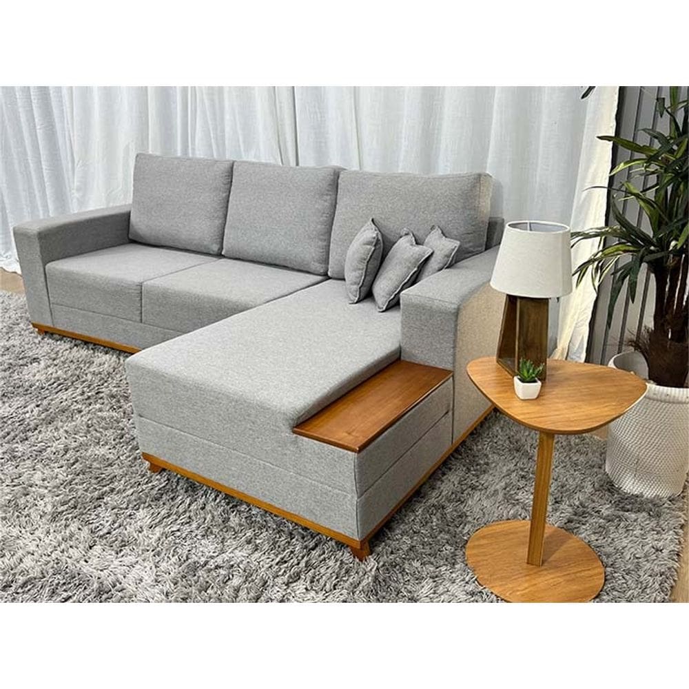 Sofá 3 Lugares 2,50 m Linho Cinza Chaise Aline Plus