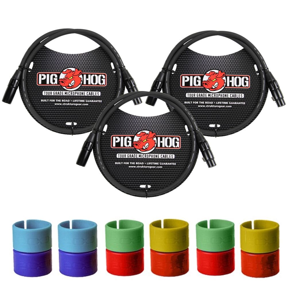 3x Cabo de microfone XLR Pig Hog de 8 mm macho para fêmea Cabo de microfone premium totalmente balanceado de 30 pés + anéis de identificação coloridos