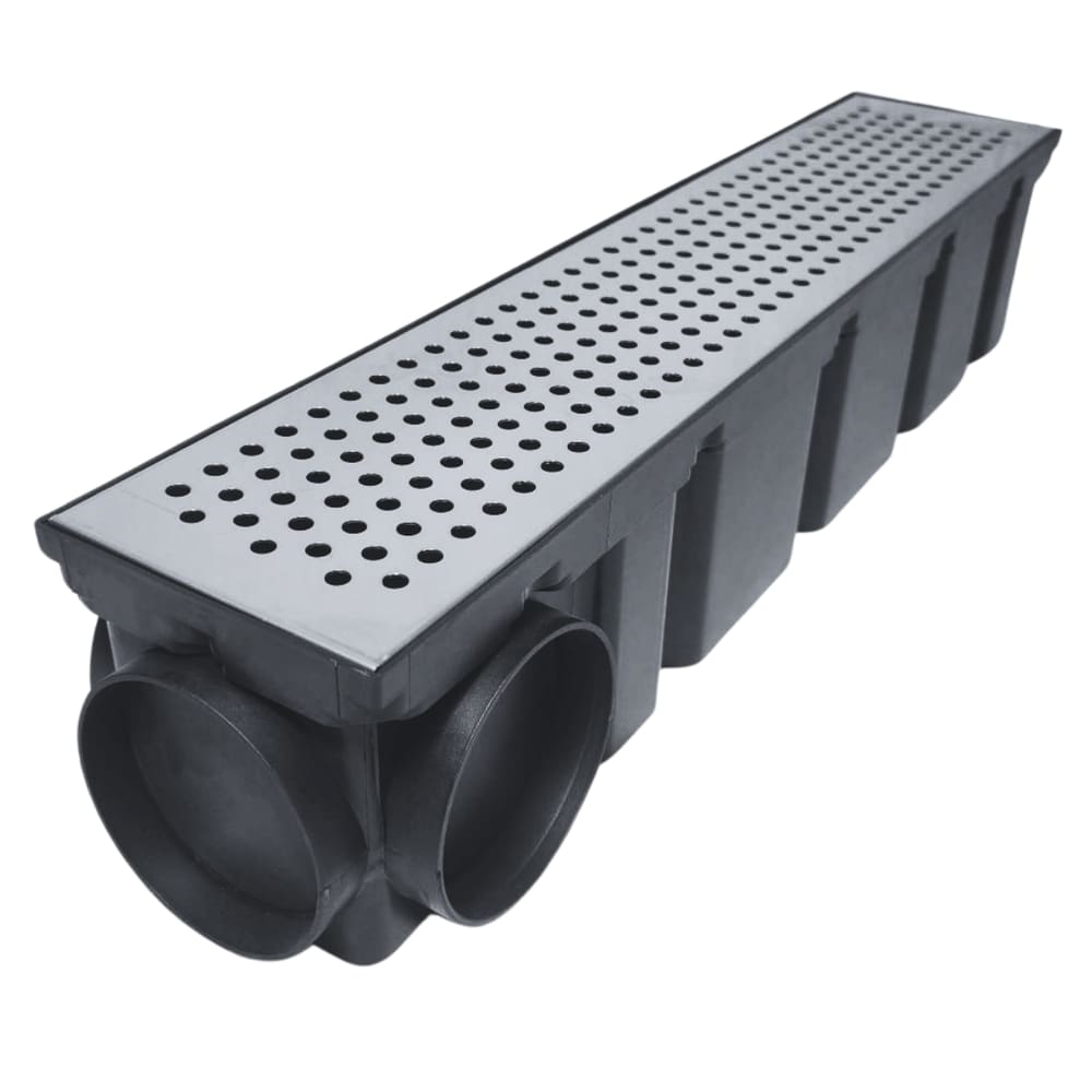 Ralo Quintal 10x50 Inox Perfurado Coletor Preto Saídas 75mm Borda de Piscina