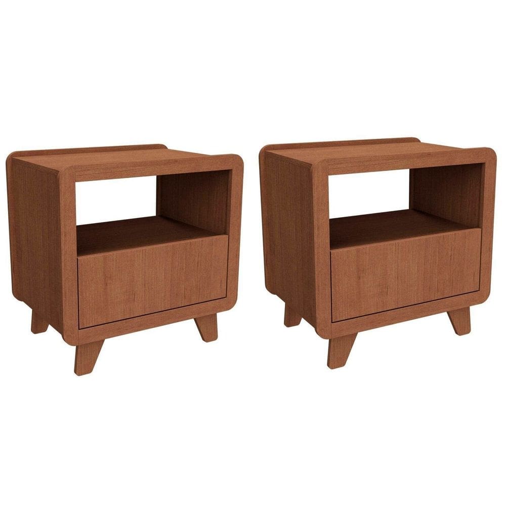 Conjunto 2 Mesas de Cabeceira 55cm com Gaveta e Nicho 100% Mdf Padrão Planejados Mabel Castanho