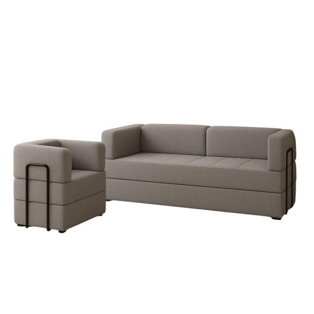 Kit Sofá E Poltrona Na Caixa Modular Soft Para A Sala Cinza