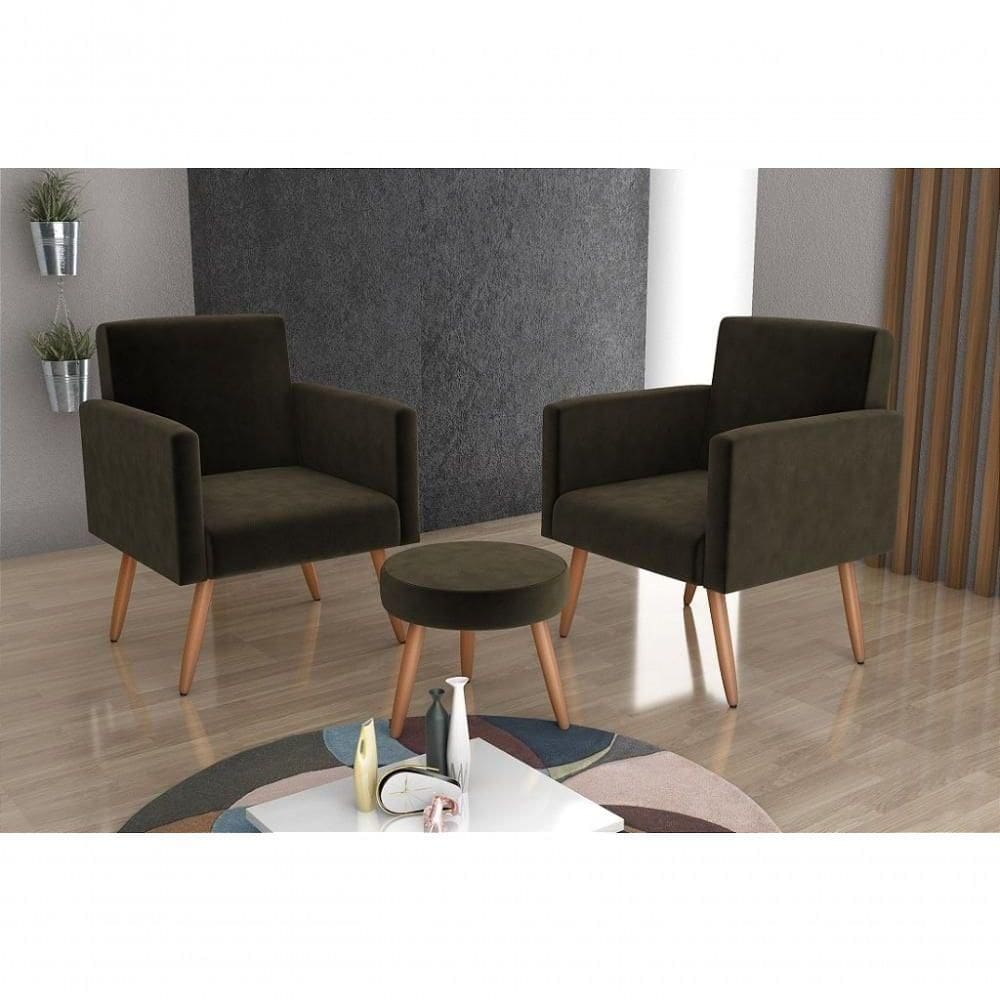 Kit 2 Poltronas Decorativas E Puff Decorativo Pés Palito Dallas Matrix Veludo Maserati Marrom
