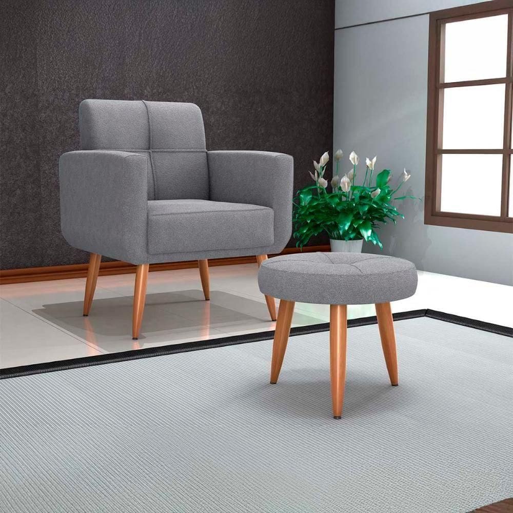 Poltrona Cadeira Com Puff Para Descanço Acabamento Premium Havana Matrix Boucle Cinza